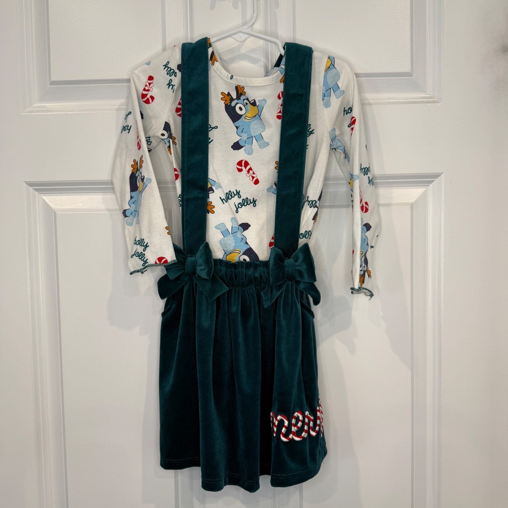 Bluey Kids Christmas Outfit Set Velvet Pinafore Skirt & Long Sleeve Tee Size 4T